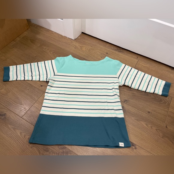 L.L. Bean Tops - Ll Bean 3/4 Sleeve Top Knit Ivory Teal Striped Boat Neck Heavy Weight Coastal LR